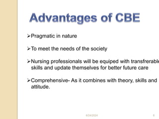 Pragmatic in nature
To meet the needs of the society
Nursing professionals will be equiped with transfrerable
skills and update themselves for better future care
Comprehensive- As it combines with theory, skills and
attitude.
6/24/2024 8
 