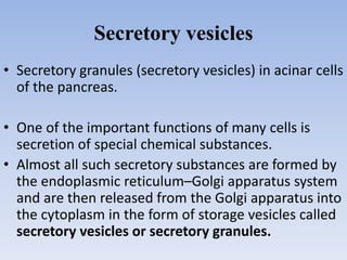 Secretory vesicles
• Secretory granules (secretory vesicles) in acinar cells
of the pancreas.
• One of the important functions of many cells is
secretion of special chemical substances.
• Almost all such secretory substances are formed by
the endoplasmic reticulum–Golgi apparatus system
and are then released from the Golgi apparatus into
the cytoplasm in the form of storage vesicles called
secretory vesicles or secretory granules.
 
