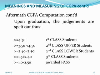MEANINGS AND MEASURING OF CGPA cont’d
Aftermath CGPA Computation cont’d
Upon graduation, the judgements are
spelt out thus:
>=4.50 1st CLASS Students
>=3.50 <4.50 2nd CLASS UPPER Students
>=2.40<3.50 2nd CLASS LOWER Students
>=1.5<2.40 3rd CLASS Students
>=1.0<1.50 awarded PASS
08-Mar-17 ORIENTATION FOR FRESHERS - DLCF, AAUA 20
 