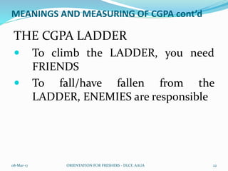 MEANINGS AND MEASURING OF CGPA cont’d
THE CGPA LADDER
 To climb the LADDER, you need
FRIENDS
 To fall/have fallen from the
LADDER, ENEMIES are responsible
08-Mar-17 ORIENTATION FOR FRESHERS - DLCF, AAUA 22
 