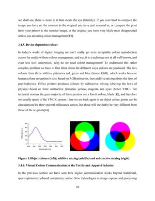 10
we shall see, there is more to it than meets the eye (literally). If you ever tried to compare the
image you have on the monitor to the original you have just scanned in, or compare the print
from your printer to the monitor image, or the original you were very likely most disappointed
unless you are using colour management[14].
3.4.5. Device dependent colour
In today‘s world of digital imaging we can‘t really get even acceptable colour reproduction
across the media without colour management, and yet, it is a technique not at all well known, and
even less well understood. Why do we need colour management? To understand this rather
complex problem we have to first think about the different ways colours are produced. The mix
colours from three additive primaries red, green and blue (hence RGB), which works because
human colour perception is also based on RGB primaries, thus additive mixing obeys the laws of
psychophysics. Office printers produces colours by subtractive mixing (obeying the laws of
physics) based on three subtractive primaries yellow, magenta and cyan (hence YMC). For
technical reasons the great majority of these printers use a fourth colour, black (K), and therefore
we usually speak of the YMCK system. Here we are back again to an object colour, prints can be
characterized by their spectral reflectance curves, but these will inevitably be very different from
those of the originals[14].
Figure 1.Object colours (left); additive mixing (middle) and subtractive mixing (right)
3.4.6. Virtual Colour Communication in the Textile and Apparel Industry
In the previous section we have seen how digital communication works beyond traditional,
spectrophotometry-based colorimetry colour. New technologies in image capture and processing
 