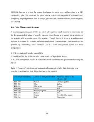 19
CIELAB diagram in which the colour distribution is much more uniform than in a CIE
chromaticity plot. The extent of the gamut can be considerably expanded if additional inks,
comprising brighter primaries such as orange, yellowish-red, reddish-blue and yellowish-green,
are selected.
4.6. Color Management Systems.
A color management system (CMS) is a set of software tools which attempts to compensate for
the device dependent nature of color by mapping colors from a large gamut, like a monitor, to
the a device with a smaller gamut, like a printer. Though there will never be a perfect match
between RGB and CMYK output, the International Color Consortium (ICC) has minimized the
problem by establishing color standards. An ICC color management system has three
components:
1. A device-independent color space (CIE)
2. Device profiles that define the color characteristics of a particular device.
3. A Color Management Module (CMM) that converts color from one space to another using the
device
Table 1: Colours of typical spectral bands and colours perceived after their absorption by a
material viewed in white light, Light absorbed by the material
Wavelength band (nm) Colour of the light absorbed Perceived colour of the
reflected light
400–440 Violet Greenish-yellow
440–480 Blue Yellow
480–510 Blue-green Orange
510–540 Green Red
540–570 Yellowish-green Magenta
570–580 Yellow Blue
580–610 Orange Greenish-blue (cyan)
610–700 Red Blue-green
 