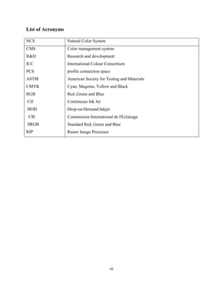 vii
List of Acronyms
NCS Natural Color System
CMS Color management system
R&D Research and development
ICC International Colour Consortium
PCS profile connection space
ASTM
CMYK
RGB
CIJ
DOD
CIE
SRGB
RIP
American Society for Testing and Materials
Cyan, Magenta, Yellow and Black
Red ,Green and Blue
Continuous Ink Jet
Drop‐on‐Demand Inkjet
Commission International de l'Eclairage
Standard Red, Green and Blue
Raster Image Processor
 