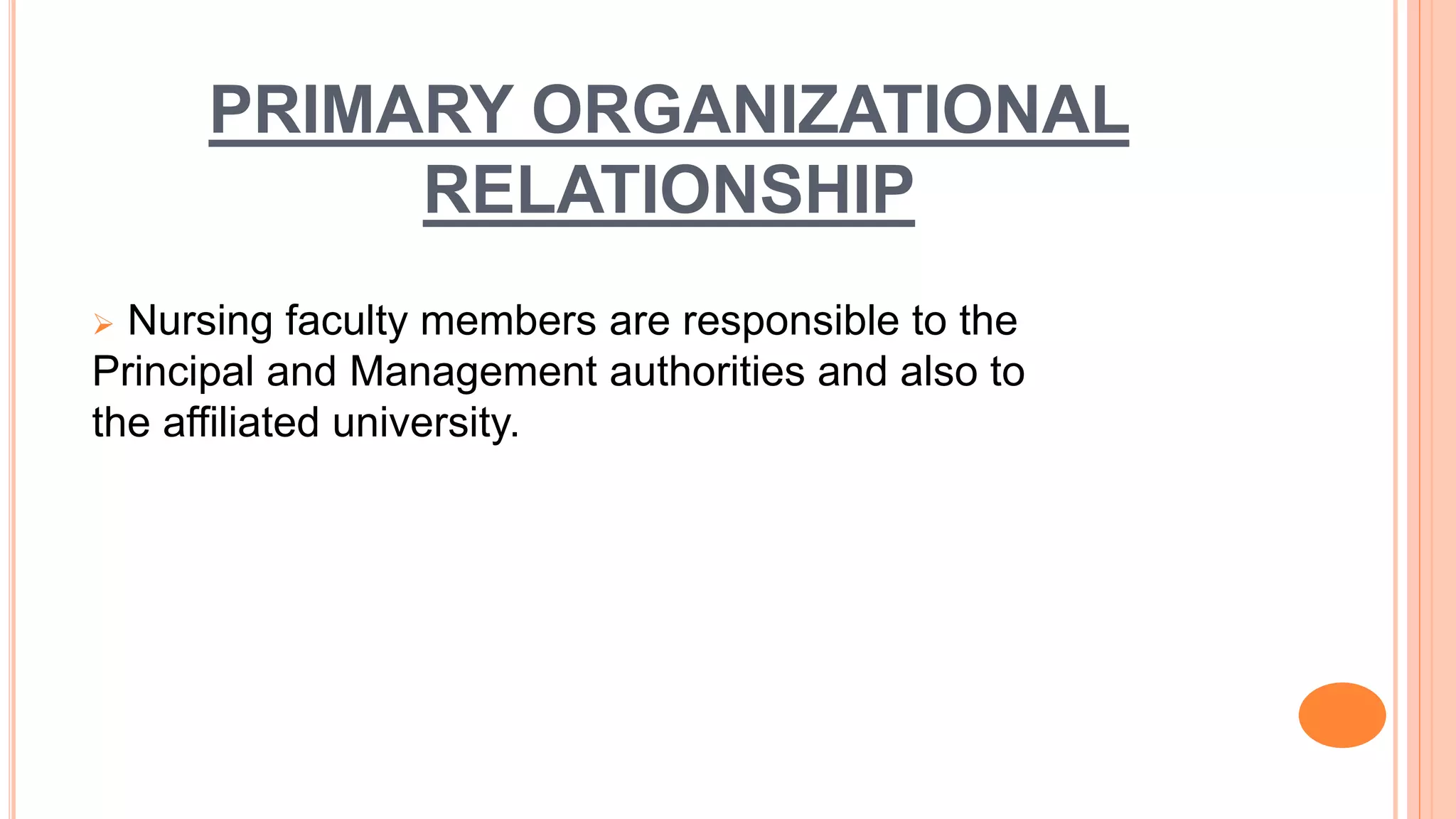 PRIMARY ORGANIZATIONAL
RELATIONSHIP
 Nursing faculty members are responsible to the
Principal and Management authorities and also to
the affiliated university.
 