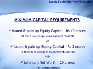 Stock Exchange Norms..contd MINIMUM CAPITAL REQUIREMENTS   Issued & paid up Equity Capital – Rs 10 crores  (if there is a change in management/control) OR  Issued & paid up Equity Capital – Rs 3 crores (If there is no change in management/control) AND  Minimum Net Worth – 20 crores (Post amalgamation) *BSE Stipulations 