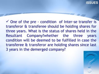One of the pre - condition  of Inter-se transfer is transferor & transferee should be holding shares for three years. What is the status of shares held in the Resultant Company?whether the three years condition will be deemed to be fulfilled in case the transferee & transferor are holding shares since last 3 years in the demerged company? ISSUES 