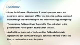 Continue..
Under the influence of hydrostatic & osmotic pressure ,water and
nonprotein solutes passes out of filter into the extra capillary space and
drains through the ultrafiltrate port into a collection bag (Drainage Bag)
The remaining fluids continues through the filter and return to the
patient via the return port of double lumen catheter.
As ultrafiltrate drains out of the hemofilter, fluid and electrolyte
replacements can be infused through a port located before or after the
filter, as the blood returns to the patient.
 