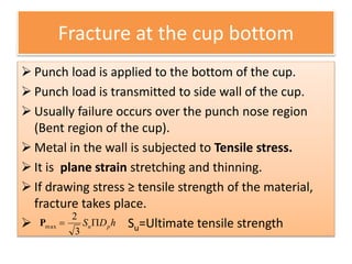 Fracture at the cup bottom
 Punch load is applied to the bottom of the cup.
 Punch load is transmitted to side wall of the cup.
 Usually failure occurs over the punch nose region
(Bent region of the cup).
 Metal in the wall is subjected to Tensile stress.
 It is plane strain stretching and thinning.
 If drawing stress ≥ tensile strength of the material,
fracture takes place.
 Su=Ultimate tensile strengthhDS pu
3
2
maxP
 