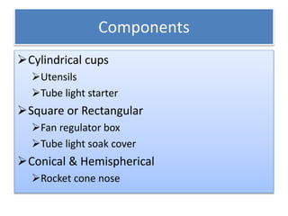 Components
Cylindrical cups
Utensils
Tube light starter
Square or Rectangular
Fan regulator box
Tube light soak cover
Conical & Hemispherical
Rocket cone nose
 