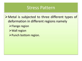 Stress Pattern
Metal is subjected to three different types of
deformation in different regions namely
Flange region
Wall region
Punch bottom region.
 