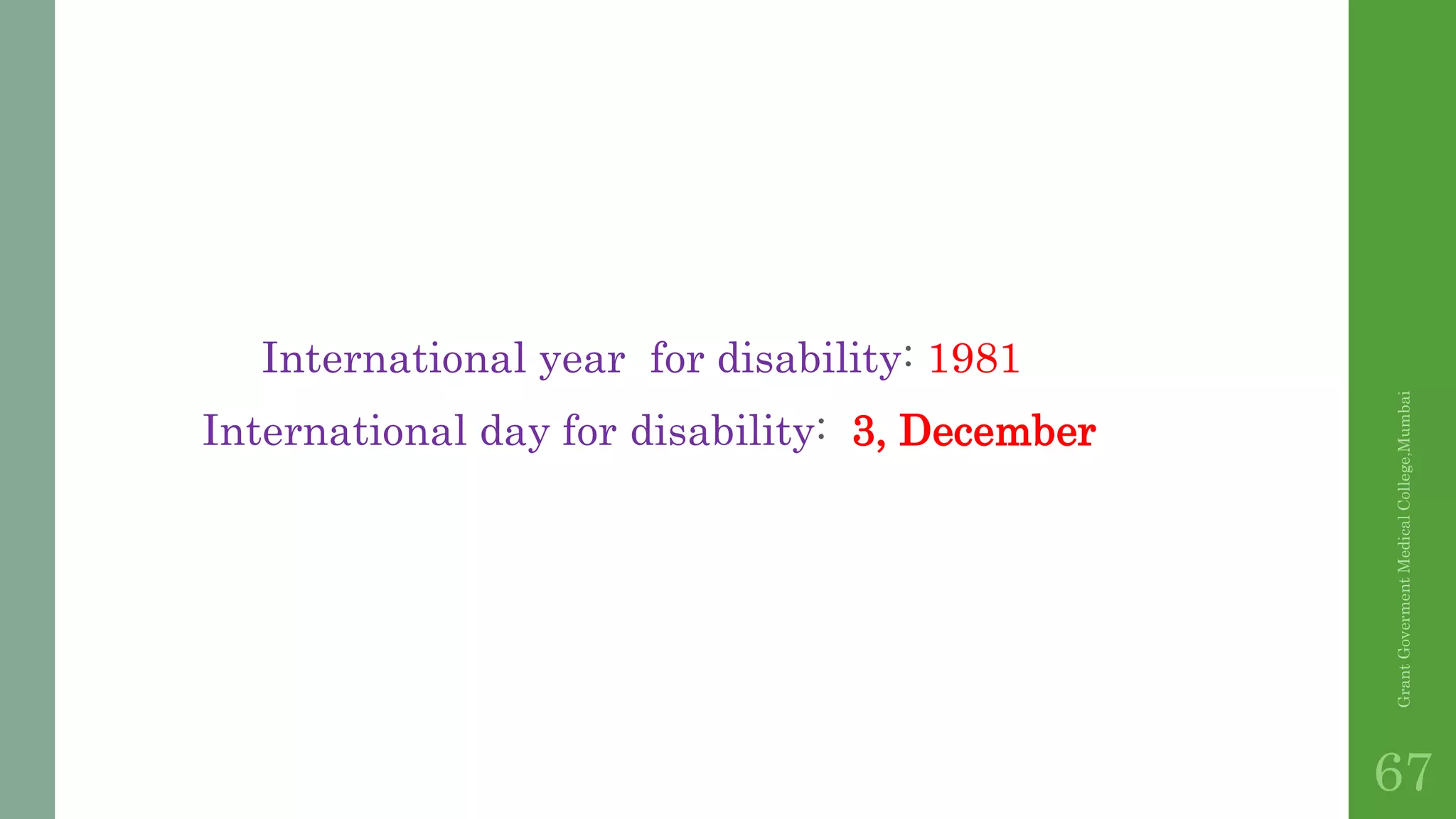 International year for disability: 1981
International day for disability: 3, December
GrantGovermentMedicalCollege,Mumbai
67
 