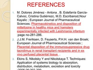 REFERENCES
1. M. Dolores Jiménez - Antona , B. Estefanía García-
Calvoc, Cristina Gutiérrezc, M.D. Escribanod,Nour
Kayalic ; European Journal of Pharmaceutical
Sciences; Pharmacokinetics and disposition of
miltefosine in healthy mice and hamsters
experimentally infected with Leishmania infantum
;page no-281-286.
2. J.J.M. Freriksen, D. Feyaerts, P.H.H. van den Broek;
European Journal of Pharmaceutical Sciences ;
Placental disposition of the immunosuppressive drug
tacrolimus in renal transplant recipients and in ex
vivo perfused placental tissue .
3. Ekins S, Nikolsky Y and Nikolskaya T. Techniques:
Application of systems biology to absorption,
distribution, metabolism, excretion and toxicity
 