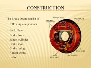 CONSTRUCTION
The Break Drum consist of
following components..
 Back Plate
 Brake drum
 Wheel cylinder
 Brake shoe
 Brake lining
 Return spring
 Piston
 