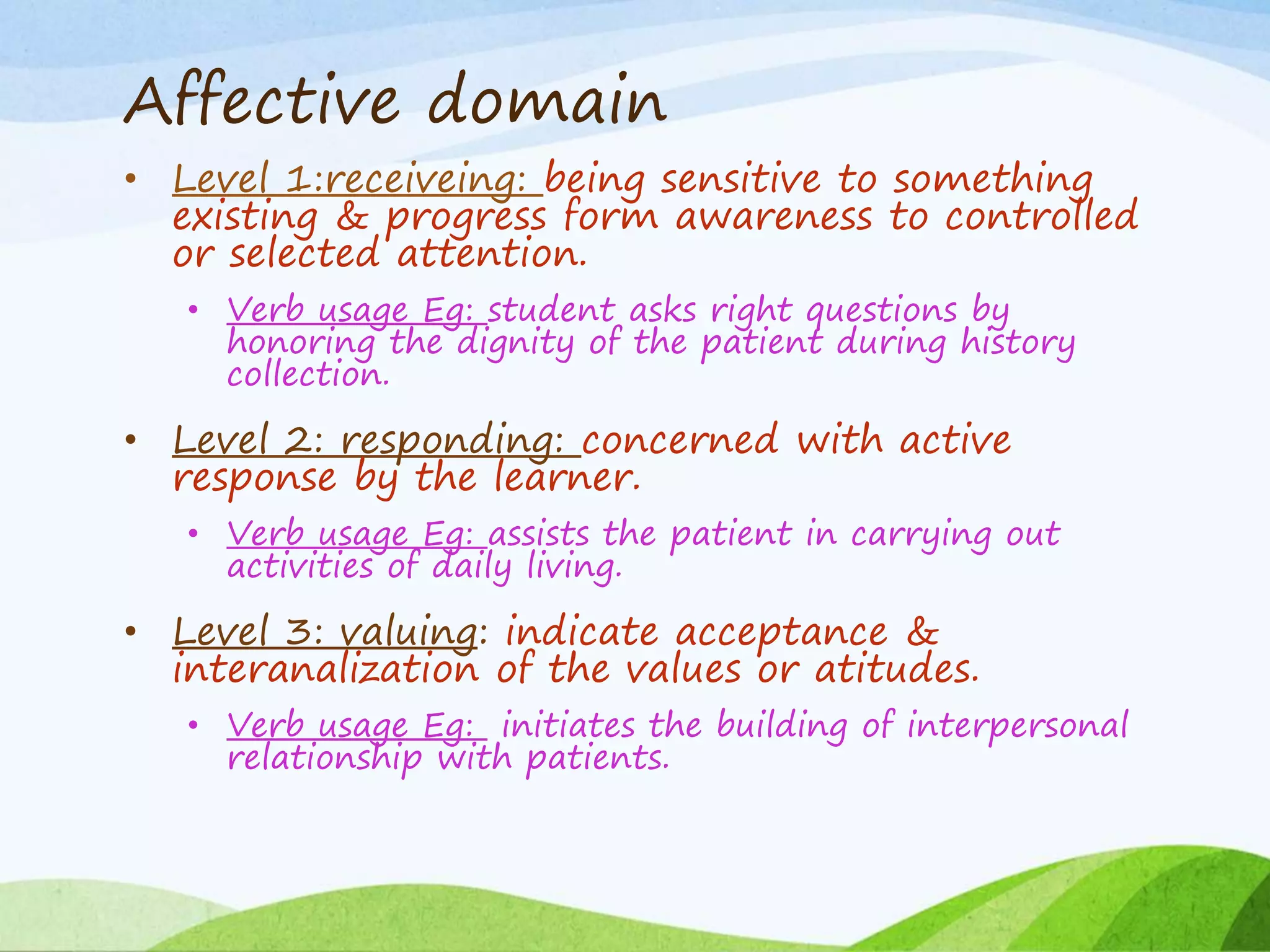 Affective domain
• Level 1:receiveing: being sensitive to something
existing & progress form awareness to controlled
or selected attention.
• Verb usage Eg: student asks right questions by
honoring the dignity of the patient during history
collection.
• Level 2: responding: concerned with active
response by the learner.
• Verb usage Eg: assists the patient in carrying out
activities of daily living.
• Level 3: valuing: indicate acceptance &
interanalization of the values or atitudes.
• Verb usage Eg: initiates the building of interpersonal
relationship with patients.
 