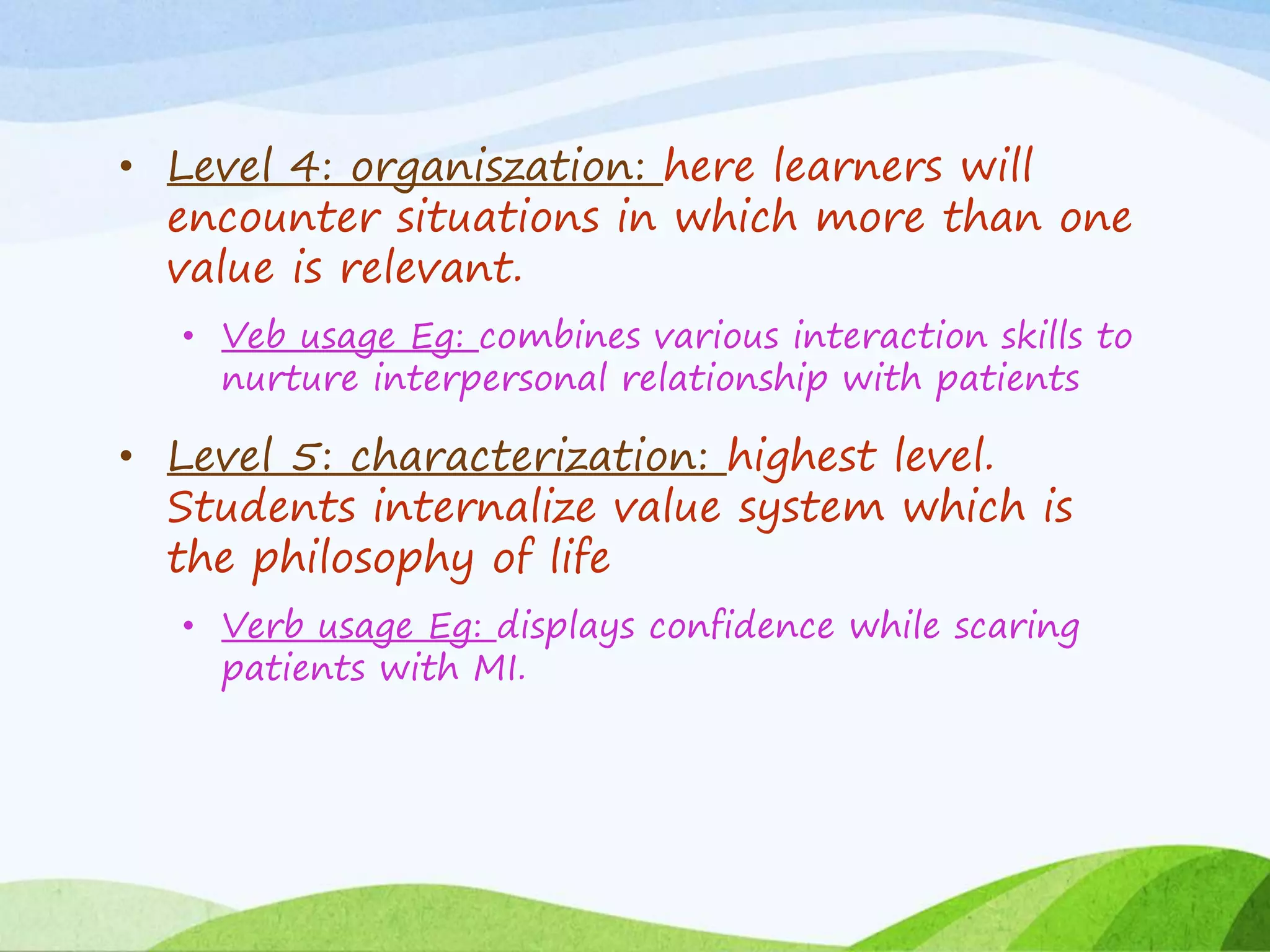 • Level 4: organiszation: here learners will
encounter situations in which more than one
value is relevant.
• Veb usage Eg: combines various interaction skills to
nurture interpersonal relationship with patients
• Level 5: characterization: highest level.
Students internalize value system which is
the philosophy of life
• Verb usage Eg: displays confidence while scaring
patients with MI.
 