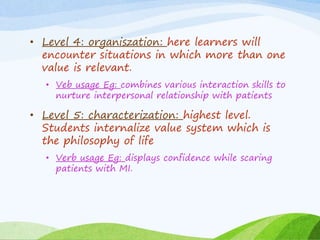 • Level 4: organiszation: here learners will
encounter situations in which more than one
value is relevant.
• Veb usage Eg: combines various interaction skills to
nurture interpersonal relationship with patients
• Level 5: characterization: highest level.
Students internalize value system which is
the philosophy of life
• Verb usage Eg: displays confidence while scaring
patients with MI.
 