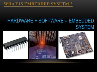WHAT IS EMBEDDED SYSETM ?
HARDWARE + SOFTWARE = EMBEDDED
SYSTEM
 