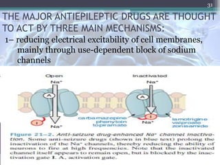 THE MAJOR ANTIEPILEPTIC DRUGS ARE THOUGHT
TO ACT BY THREE MAIN MECHANISMS:
1– reducing electrical excitability of cell membranes,
mainly through use-dependent block of sodium
channels
31
 