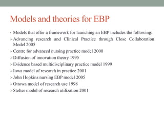 Models and theories for EBP
• Models that offer a framework for launching an EBP includes the following:
Advancing research and Clinical Practice through Close Collaboration
Model 2005
Centre for advanced nursing practice model 2000
Diffusion of innovation theory 1995
Evidence based multidisciplinary practice model 1999
Iowa model of research in practice 2001
John Hopkins nursing EBP model 2005
Ottowa model of research use 1998
Stelter model of research utilization 2001
 