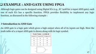  EXAMPLE : AND GATE USING FPGA
Although logic gates can be designed using Digital ICs (e.g., IC 7408 for 2-input AND gate), each
one of such ICs has a specific function. FPGA provides flexibility to implement any logic
function, as discussed in the following example :
Introduction to AND Gate
An AND gate is a logic gate which gives a high output when all of its inputs are high. Here the
truth table of a 2-input AND gate is shown along with its logic symbol.
17
 
