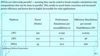 FPGAs are inherently parallel — meaning they can be coded to break complex calculations into
computations that can be done in parallel. This results in much faster execution and increased
power efficiency and hence they’re highly favourable for wide applications.
Courtesy of Altera Corporation.
21
Platform Power
(Watts)
Performance
Simulations per
second(Bsims/s)
Efficiency Simulations
per second
Watt(Msims/s/W)
CPU 130 0.032 0.0025
GPU 212 10.1 48
FPGA 45 12.0 266
 