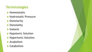 Terminologies
 Homeostatic
 Hydrostatic Pressure
 Osmolarity
 Osmolality
 Isotonic
 Hypotonic Solution
 Hypertonic Solution
 Anabolism
 Catabolism
 