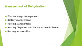 Management of Dehydration
 Pharmacologic Management
 Dietary management
 Nursing Management
 Nursing Diagnoses and Collaborative Problems
 Nursing Intervention
 