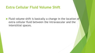 Extra Cellular Fluid Volume Shift
 Fluid volume shift is basically a change in the location of
extra cellular fluid between the intravascular and the
interstitial spaces.
 