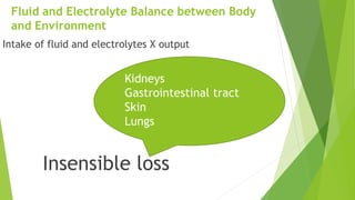 Fluid and Electrolyte Balance between Body
and Environment
Intake of fluid and electrolytes X output
Insensible loss
Kidneys
Gastrointestinal tract
Skin
Lungs
 