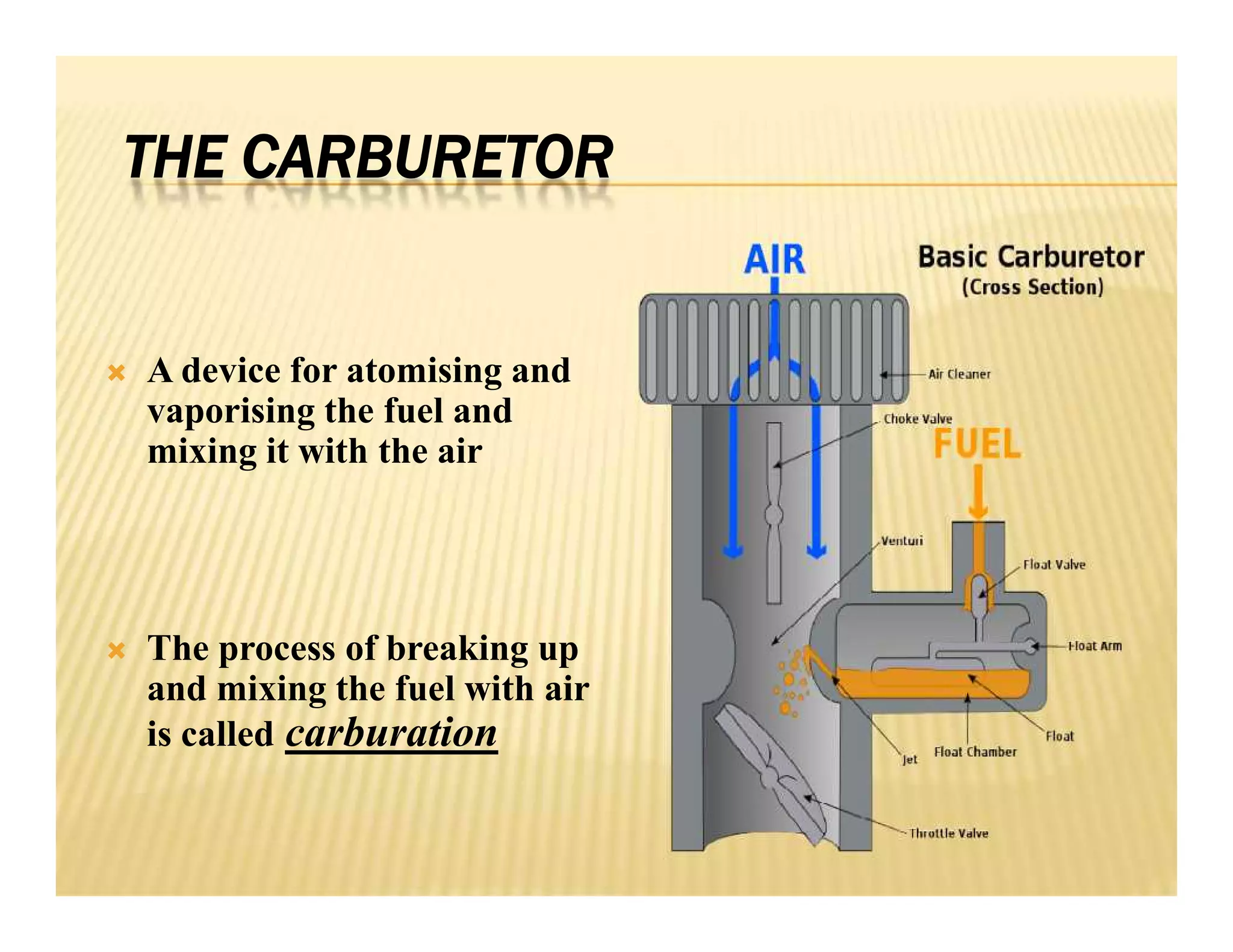 THE CARBURETOR
 A device for atomising and
vaporising the fuel and
mixing it with the air
 The process of breaking up
and mixing the fuel with air
is called carburation
 A device for atomising and
vaporising the fuel and
mixing it with the air
 The process of breaking up
and mixing the fuel with air
is called carburation
 