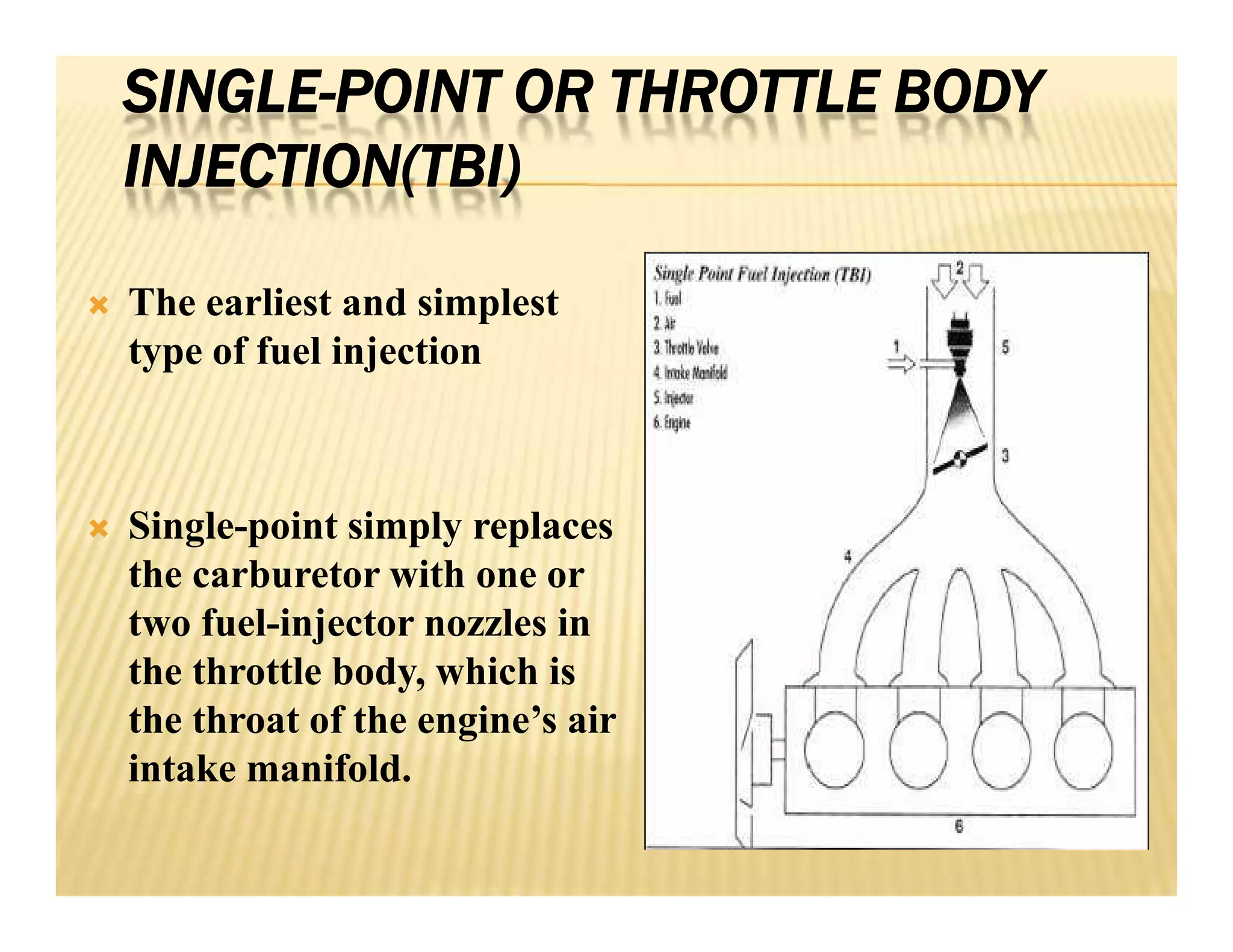 SINGLE-POINT OR THROTTLE BODY
INJECTION(TBI)
 The earliest and simplest
type of fuel injection
 Single-point simply replaces
the carburetor with one or
two fuel-injector nozzles in
the throttle body, which is
the throat of the engine’s air
intake manifold.
 The earliest and simplest
type of fuel injection
 Single-point simply replaces
the carburetor with one or
two fuel-injector nozzles in
the throttle body, which is
the throat of the engine’s air
intake manifold.
 