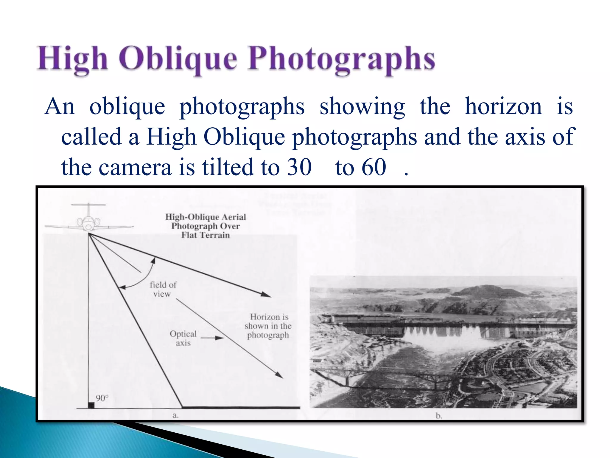 An oblique photographs showing the horizon is
called a High Oblique photographs and the axis of
the camera is tilted to 30 to 60 .
 