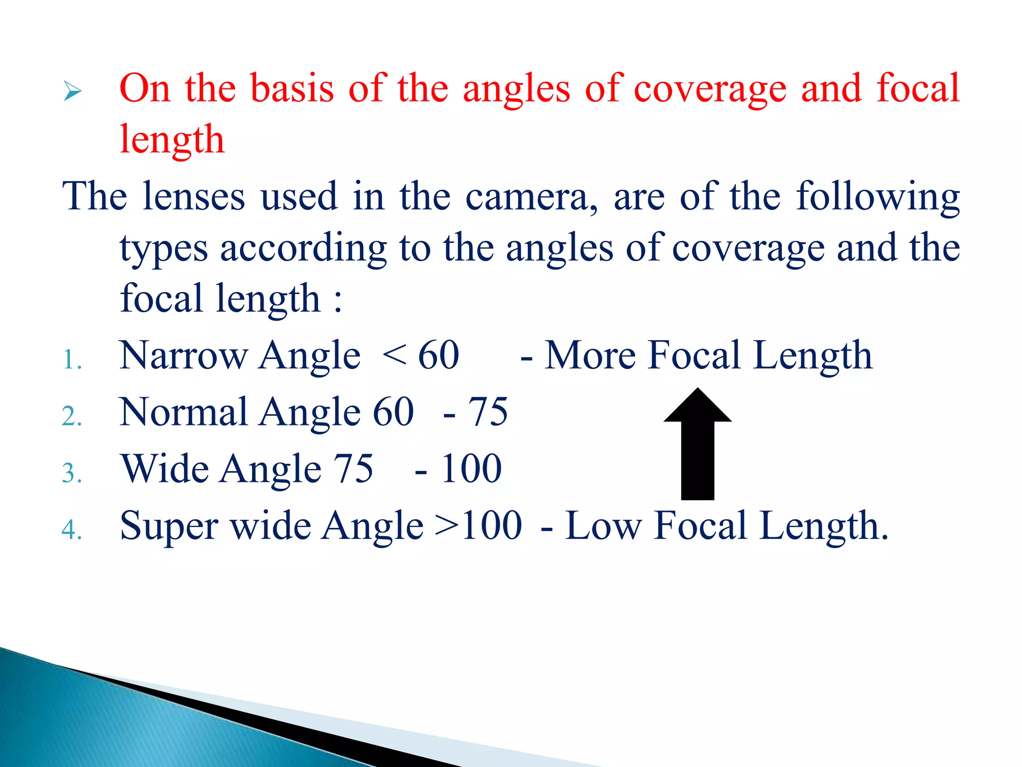  On the basis of the angles of coverage and focal
length
The lenses used in the camera, are of the following
types according to the angles of coverage and the
focal length :
1. Narrow Angle < 60 - More Focal Length
2. Normal Angle 60 - 75
3. Wide Angle 75 - 100
4. Super wide Angle >100 - Low Focal Length.
 