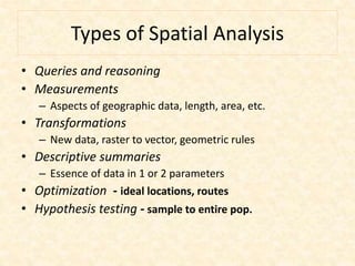 Types of Spatial Analysis
• Queries and reasoning
• Measurements
– Aspects of geographic data, length, area, etc.
• Transformations
– New data, raster to vector, geometric rules
• Descriptive summaries
– Essence of data in 1 or 2 parameters
• Optimization - ideal locations, routes
• Hypothesis testing - sample to entire pop.
 