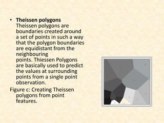 • Theissen polygons
Theissen polygons are
boundaries created around
a set of points in such a way
that the polygon boundaries
are equidistant from the
neighbouring
points. Thiessen Polygons
are basically used to predict
the values at surrounding
points from a single point
observation.
Figure c: Creating Theissen
polygons from point
features.
 