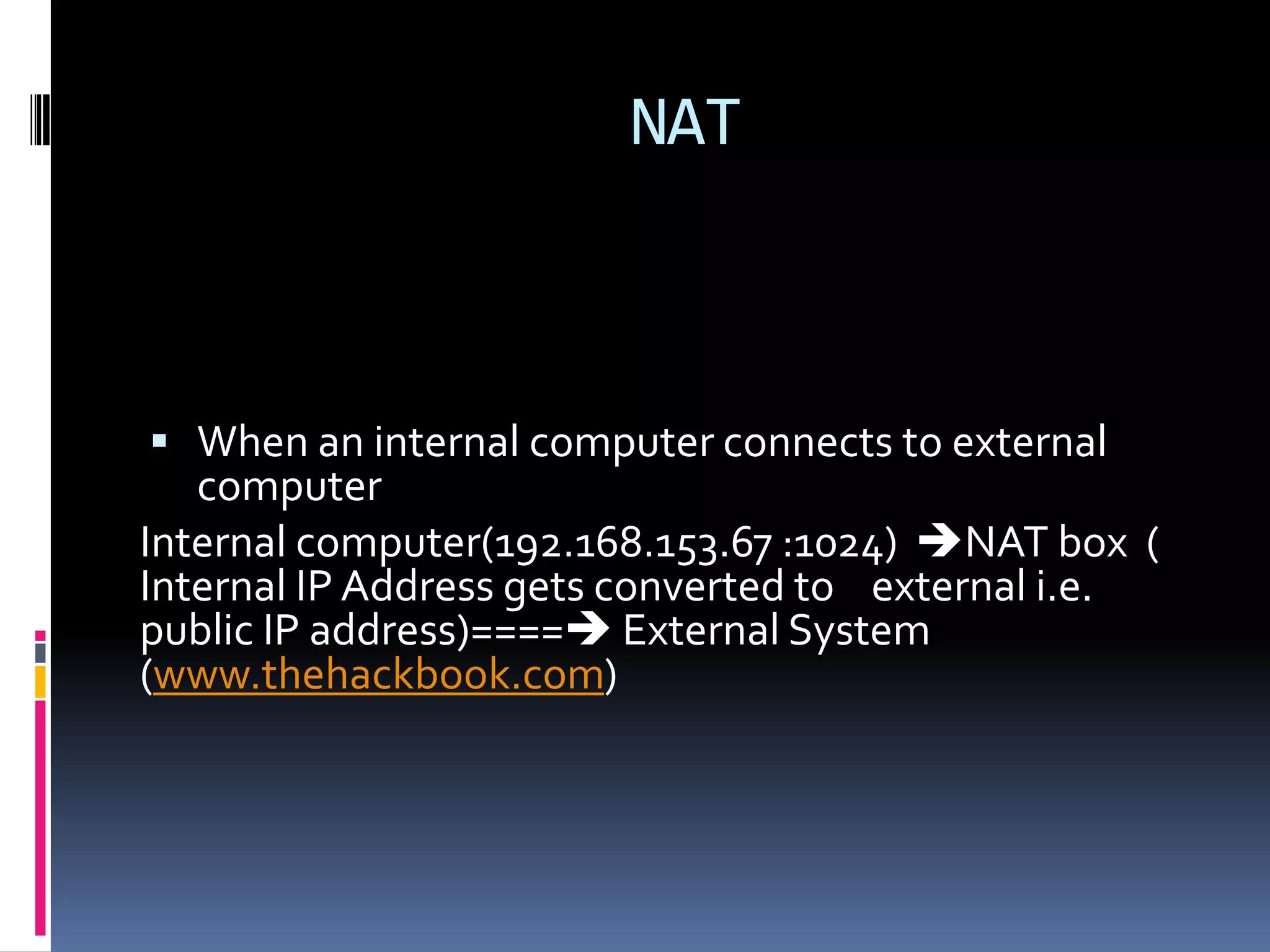 NAT



 When an internal computer connects to external
   computer
Internal computer(192.168.153.67 :1024) NAT box (
Internal IP Address gets converted to external i.e.
public IP address)==== External System
(www.thehackbook.com)
 