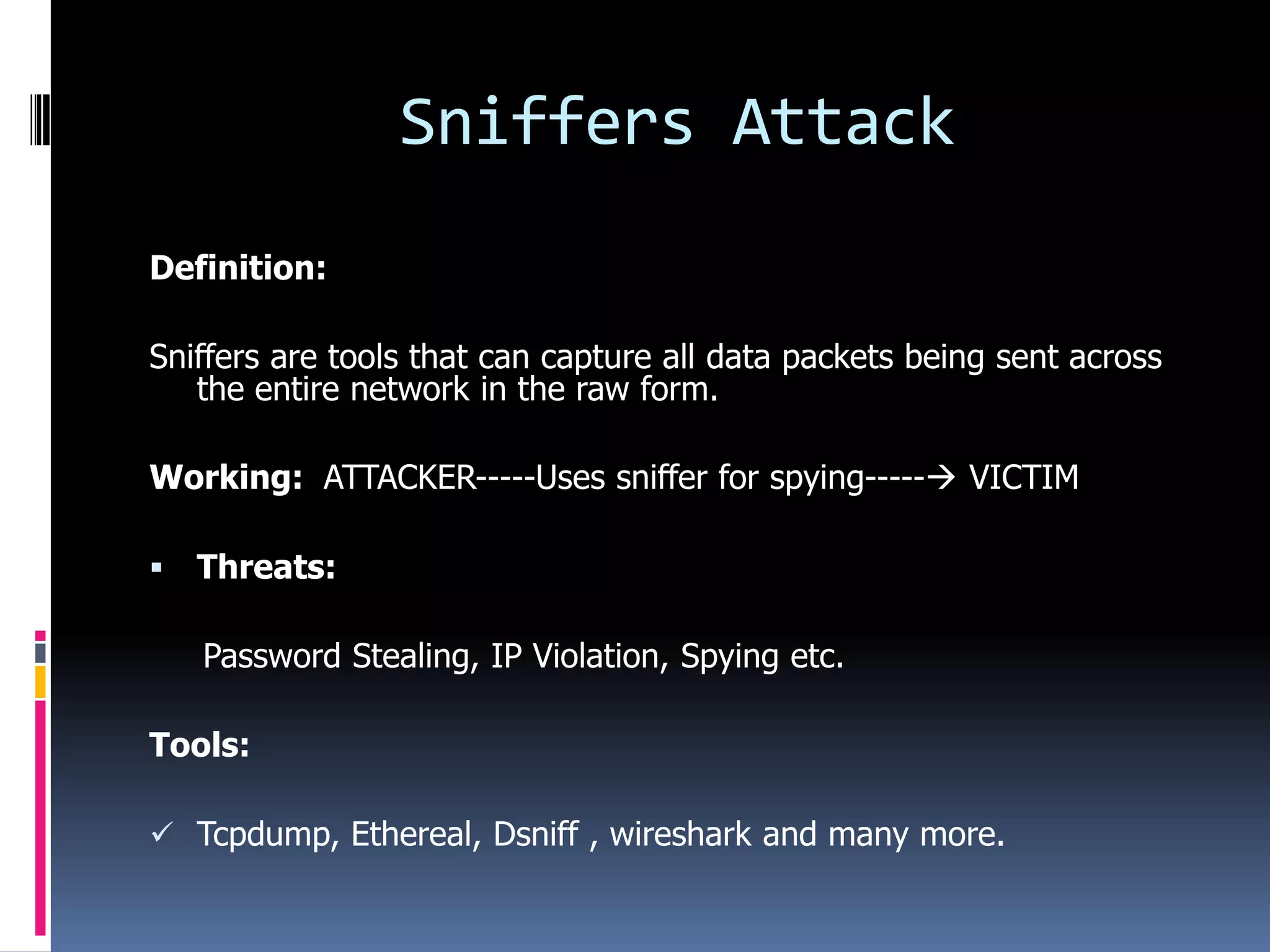 Sniffers Attack
Definition:

Sniffers are tools that can capture all data packets being sent across
   the entire network in the raw form.

Working: ATTACKER-----Uses sniffer for spying----- VICTIM

   Threats:

    Password Stealing, IP Violation, Spying etc.

Tools:

 Tcpdump, Ethereal, Dsniff , wireshark and many more.
 