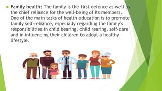  Family health: The family is the first defence as well as
the chief reliance for the well-being of its members.
One of the main tasks of health education is to promote
family self-reliance, especially regarding the family's
responsibilities in child bearing, child rearing, self-care
and in influencing their children to adopt a healthy
lifestyle.
 