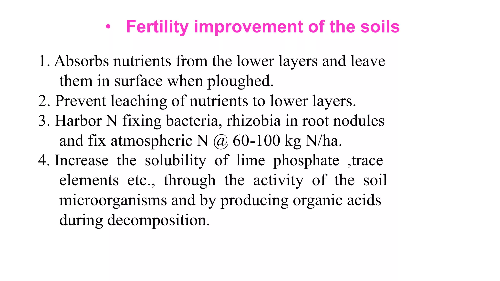 • Fertility improvement of the soils
1. Absorbs nutrients from the lower layers and leave
them in surface when ploughed.
2. Prevent leaching of nutrients to lower layers.
3. Harbor N fixing bacteria, rhizobia in root nodules
and fix atmospheric N @ 60-100 kg N/ha.
4. Increase the solubility of lime phosphate ,trace
elements etc., through the activity of the soil
microorganisms and by producing organic acids
during decomposition.
 