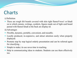 Charts
i) Definition
 These are rough felt boards covered with skin tight flanneVwoo1 or khadi
on to which cutouts, writings, symbols, figures made out of light card board
pasted with flannel khadi at the back are display-id.
ii) Advantages
 Flexible, dynamic, portable, convenient, and reusable.
 Locally produced, in-expensive, and attract attention easily when properly
displayed.
 Promote step by step logical orderly presentation and can be referred again
for classifying. .
 Simple to make; its use saves time in teaching.
 Help in communicating ideas to students. Students can use them effectively
too.
 