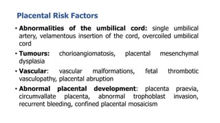 Placental Risk Factors
• Abnormalities of the umbilical cord: single umbilical
artery, velamentous insertion of the cord, overcoiled umbilical
cord
• Tumours: chorioangiomatosis, placental mesenchymal
dysplasia
• Vascular: vascular malformations, fetal thrombotic
vasculopathy, placental abruption
• Abnormal placental development: placenta praevia,
circumvallate placenta, abnormal trophoblast invasion,
recurrent bleeding, confined placental mosaicism
 