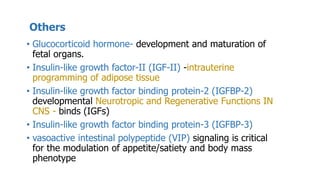 Others
• Glucocorticoid hormone- development and maturation of
fetal organs.
• Insulin-like growth factor-II (IGF-II) -intrauterine
programming of adipose tissue
• Insulin-like growth factor binding protein-2 (IGFBP-2)
developmental Neurotropic and Regenerative Functions IN
CNS - binds (IGFs)
• Insulin-like growth factor binding protein-3 (IGFBP-3)
• vasoactive intestinal polypeptide (VIP) signaling is critical
for the modulation of appetite/satiety and body mass
phenotype
 
