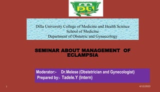 Dilla University College of Medicine and Health Science
School of Medicine
Department of Obstetric and Gynaecology
SEMINAR ABOUT MANAGEMENT OF
ECLAMPSIA
4/12/2023
1
Moderator:- Dr.Melese (Obstetrician and Gynecologist)
Prepared by:- Tadele.Y (Intern)
 