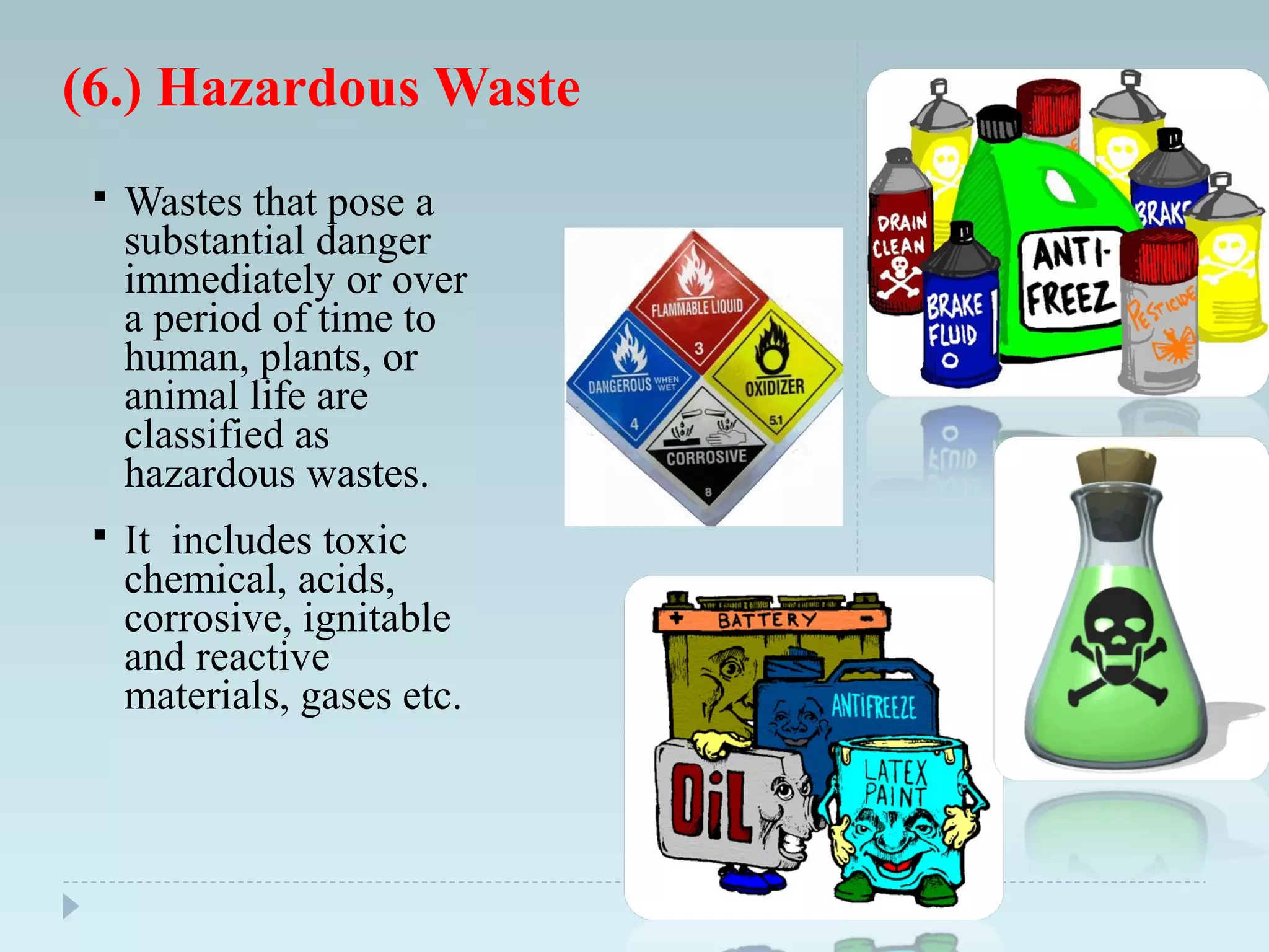 (6.) Hazardous Waste
 Wastes that pose a
substantial danger
immediately or over
a period of time to
human, plants, or
animal life are
classified as
hazardous wastes.
 It includes toxic
chemical, acids,
corrosive, ignitable
and reactive
materials, gases etc.
 