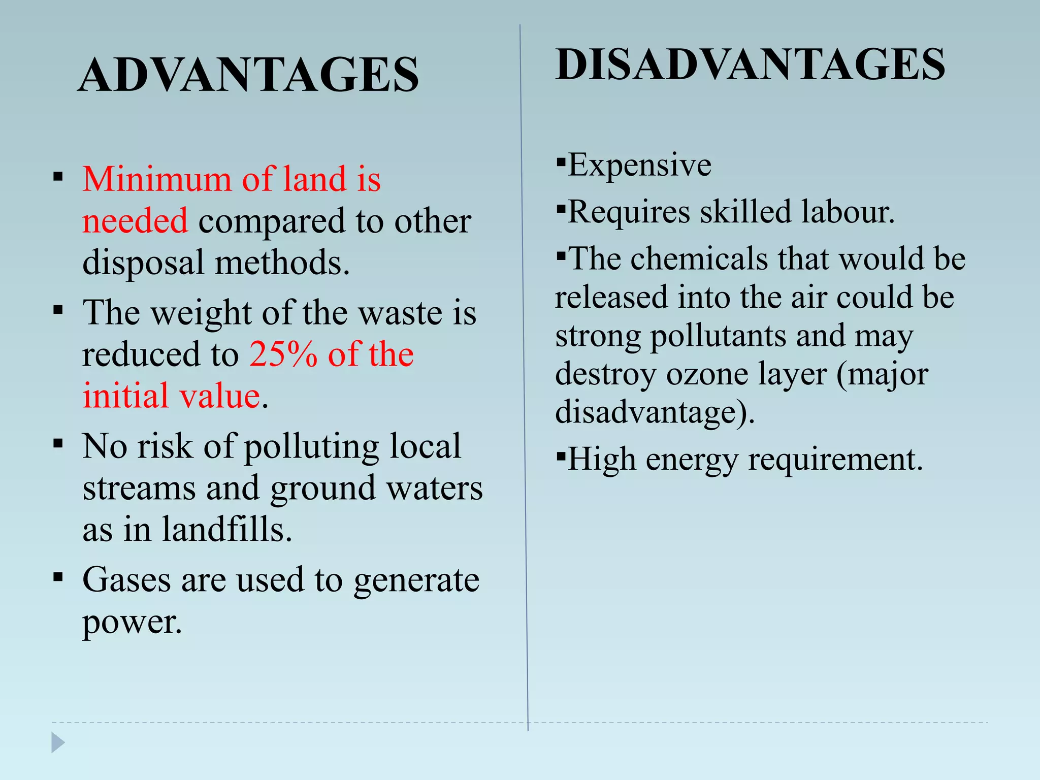 ADVANTAGES
 Minimum of land is
needed compared to other
disposal methods.
 The weight of the waste is
reduced to 25% of the
initial value.
 No risk of polluting local
streams and ground waters
as in landfills.
 Gases are used to generate
power.
DISADVANTAGES
Expensive
Requires skilled labour.
The chemicals that would be
released into the air could be
strong pollutants and may
destroy ozone layer (major
disadvantage).
High energy requirement.
 