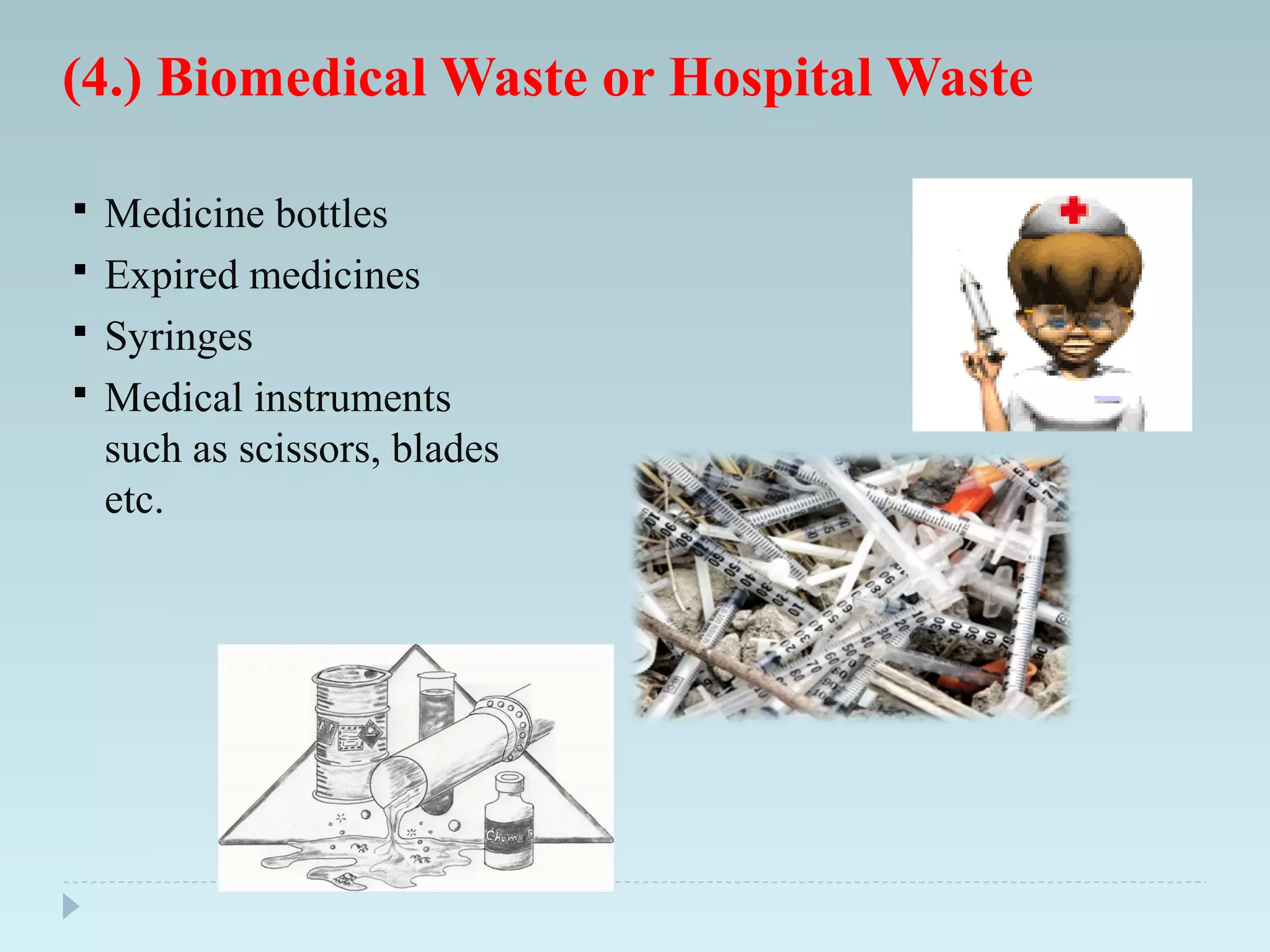 (4.) Biomedical Waste or Hospital Waste
 Medicine bottles
 Expired medicines
 Syringes
 Medical instruments
such as scissors, blades
etc.
 