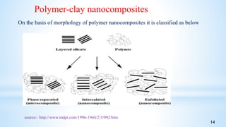 Polymer-clay nanocomposites
On the basis of morphology of polymer nanocomposites it is classified as below
source:- http://www.mdpi.com/1996-1944/2/3/992/htm
14
 