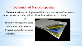 Nanocomposite is a multiphase solid material where one of the phases
has one, two or three dimensions of less than 100 nanometers (nm).
OR
Structures having Nano-scale
repeat distances between the
different phases that make up
the material.
Definition of Nanocomposites
4
 