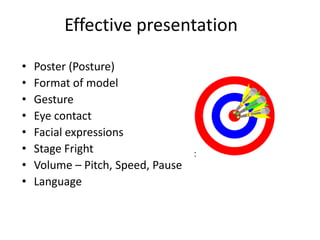 Effective presentation

•   Poster (Posture)
•   Format of model
•   Gesture
•   Eye contact
•   Facial expressions
•   Stage Fright
•   Volume – Pitch, Speed, Pause
•   Language
 