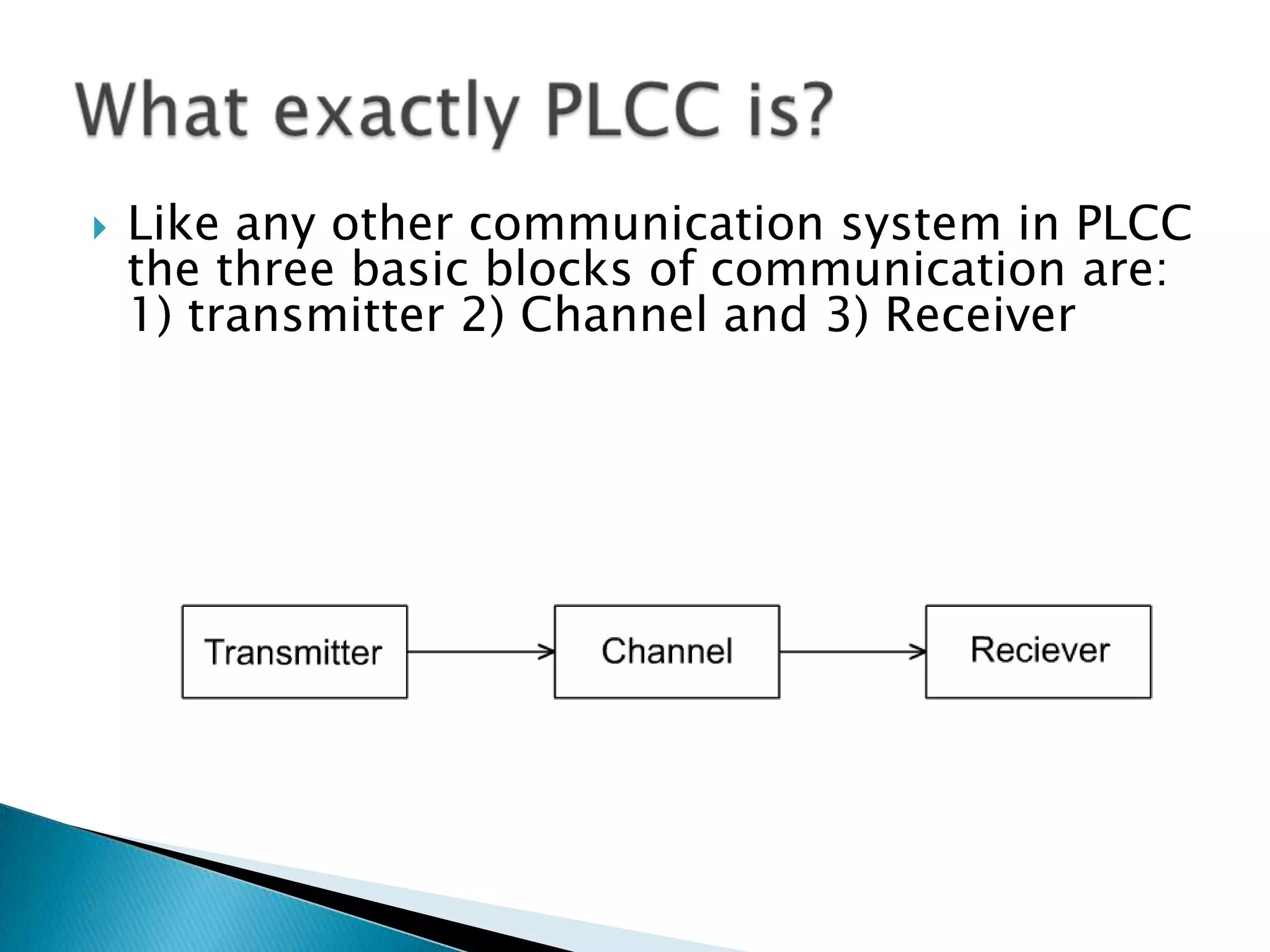 

Like any other communication system in PLCC
the three basic blocks of communication are:
1) transmitter 2) Channel and 3) Receiver

 